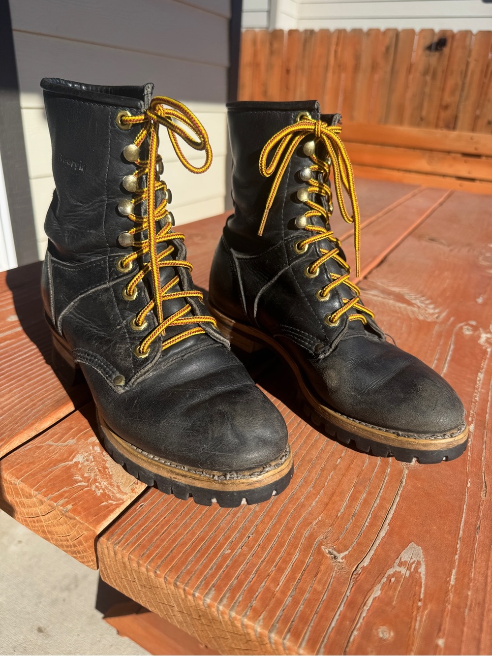 Georgia Black Leather Packer Boots Lace Up Vibram Sole Work Boots Fits 7-7.5